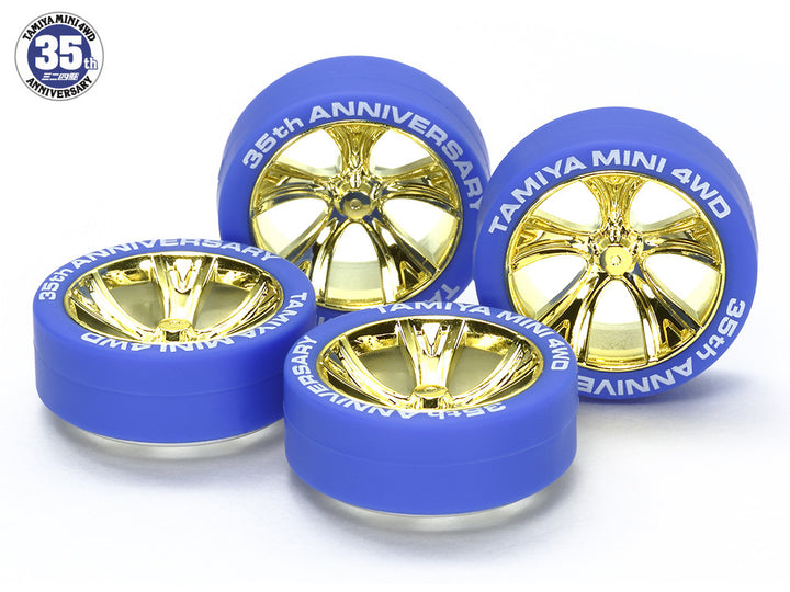 Mini 4WD 35th Anniversary Blue Tires & Gold Plated A-Spoke Wheels